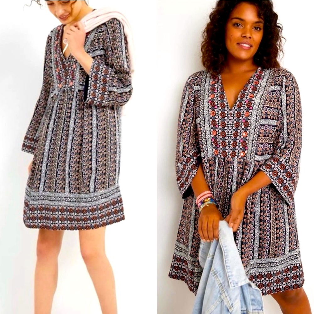 Anthropologie Maeve Black/Pink Floral Beaded Long-sleeve Dress